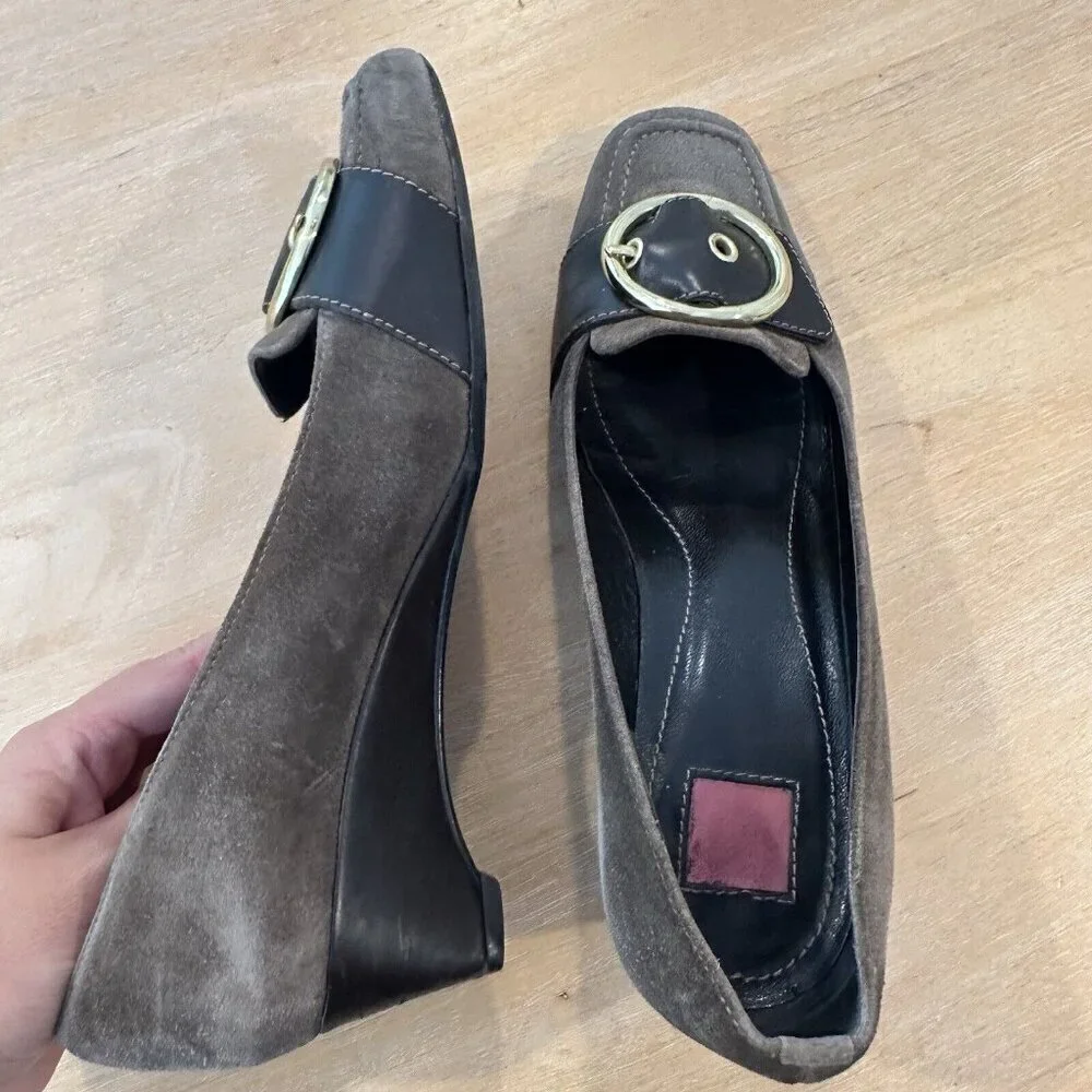 Coach Loafers Womens Sz 7 Brown Suede Slip On Gold Buckle Wedged Shoes‎ Preppy